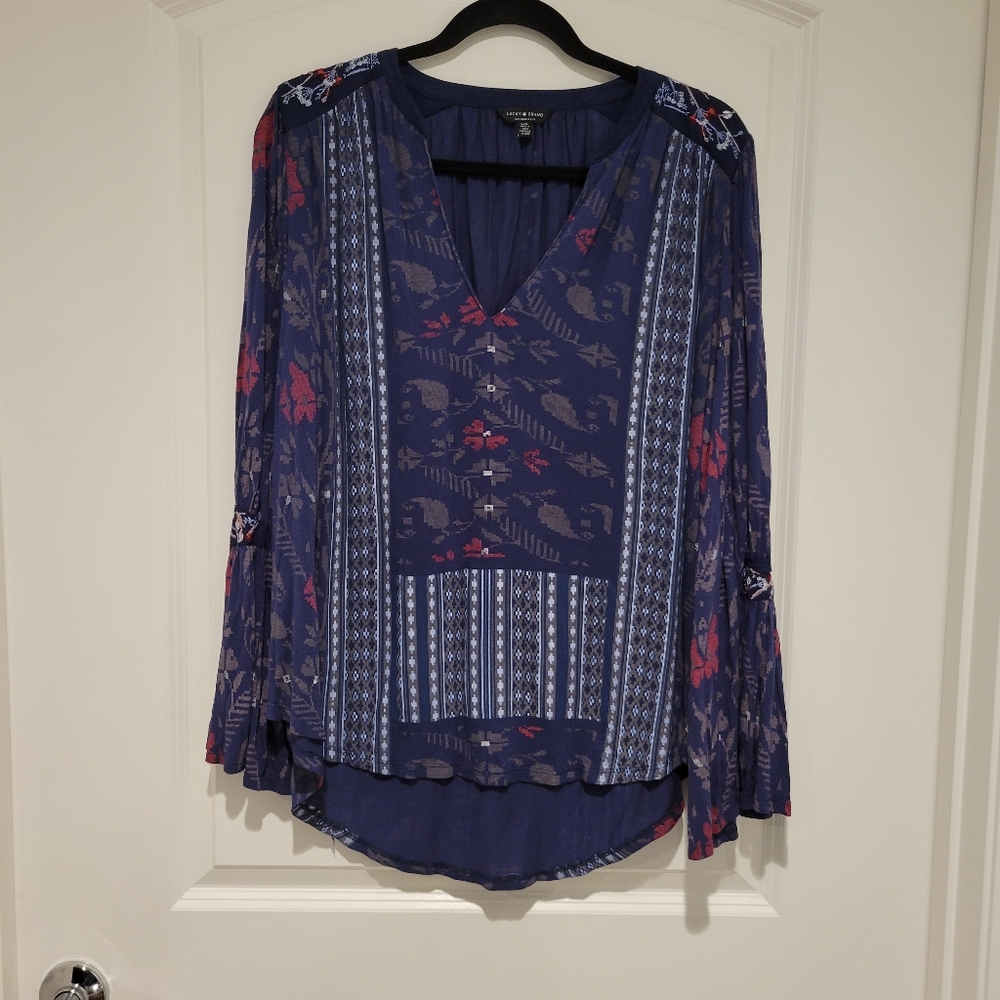Lucky Brand Los Angeles Floral Print Blue Bell Sleeve Top Large #533